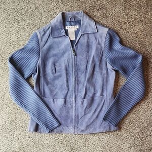 A.M.I | Blue Leather Sweater Jacket w/ Pockets, Zipper & Knit Sleeves